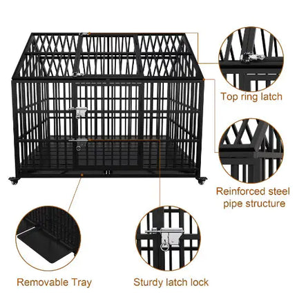 Heavy Duty Dog Crate 54 Inch Indestructible Pet Dog Cage Crate Kennel With Roof Top 2 Doors Removable Trays - CrittersPlus
