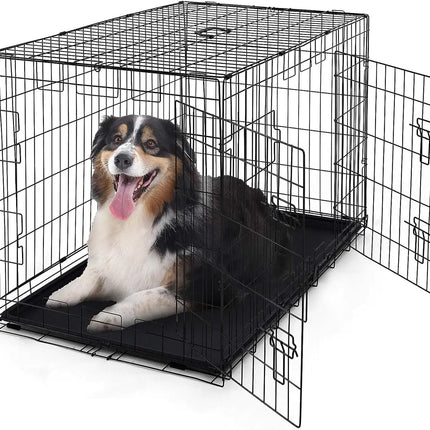 CAPHAUS Foldable Wire Dog Crate Kennel w/Leak-Proof Pan & Protecting Feet & Divider Panel Metal Wire Crate Kennel Small Medium & Large Dog Crate Indoor Wire Dog Cage 42” w/Double Doors Black - CrittersPlus