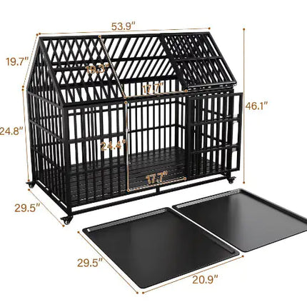 Heavy Duty Dog Crate 54 Inch Indestructible Pet Dog Cage Crate Kennel With Roof Top 2 Doors Removable Trays - CrittersPlus