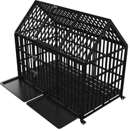 Heavy Duty Dog Crate 54 Inch Indestructible Pet Dog Cage Crate Kennel With Roof Top 2 Doors Removable Trays - CrittersPlus
