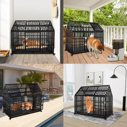 Heavy Duty Dog Crate 54 Inch Indestructible Pet Dog Cage Crate Kennel With Roof Top 2 Doors Removable Trays - CrittersPlus