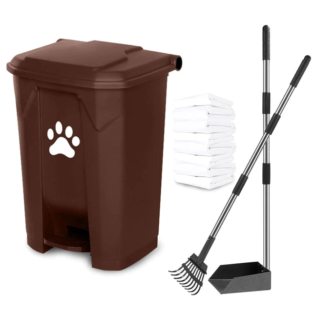 Dog Poop Trash Can for Outdoors Dog Waste Station with Lid Hands-Free Pedal Durable PVC Container Garden Home Yard Kitchen with Dog Poop Tray and Rake 200PCS Trash Bags Brown B-15-BR-W200-CZ - CrittersPlus