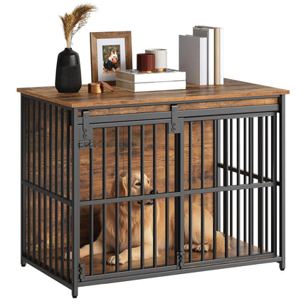 HOOBRO Dog Crate Furniture 36.6 Heavy Duty Dog Kennel with Sliding Barn Door Decorative Dog Crate Indoor End Side Table for Small/Medium Dog Rustic Brown and Black BF162GW03G1 - CrittersPlus