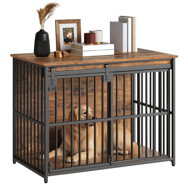 HOOBRO Dog Crate Furniture 36.6 Heavy Duty Dog Kennel with Sliding Barn Door Decorative Dog Crate Indoor End Side Table for Small/Medium Dog Rustic Brown and Black BF162GW03G1 - CrittersPlus