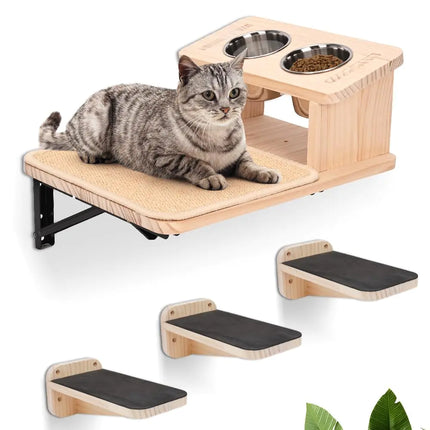3 Climbing Wall Steps & Cat Feeding Bowls Station - CrittersPlus