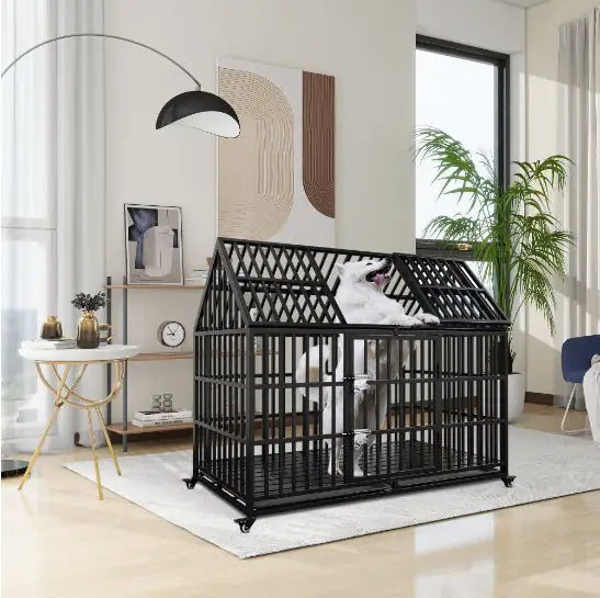 Heavy Duty Dog Crate 54 Inch Indestructible Pet Dog Cage Crate Kennel With Roof Top 2 Doors Removable Trays - CrittersPlus
