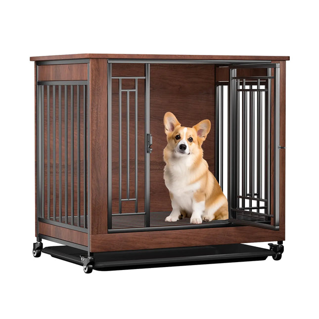 Dog Crate Furniture 32" Dog Kennel Furniture Small Dog Kennel Indoor Dog Crates for Small Dogs Wooden Dog Crate with Wheels Tray Feeding Window - CrittersPlus